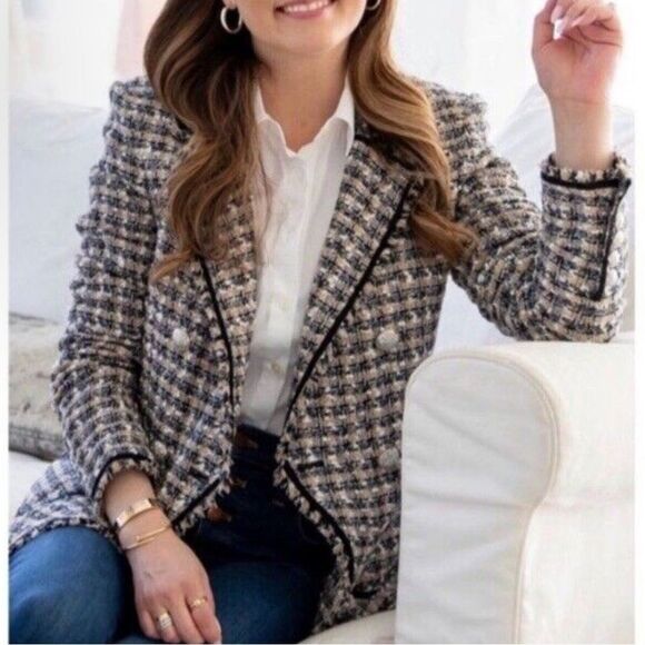 Veronica Beard Tweed Theron Blazer Double Breasted Jacket Camel Blue US 10 NEW - Picture 1 of 12